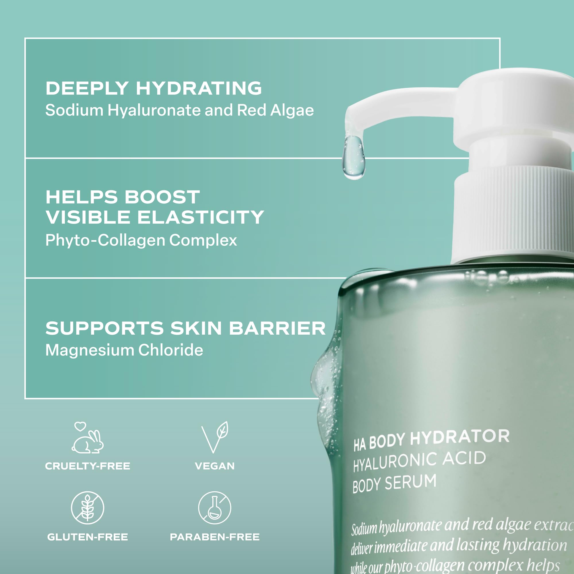 Saltair Hyaluronic Acid Body Serum texture close-up highlights sheer gel feel and light absorption