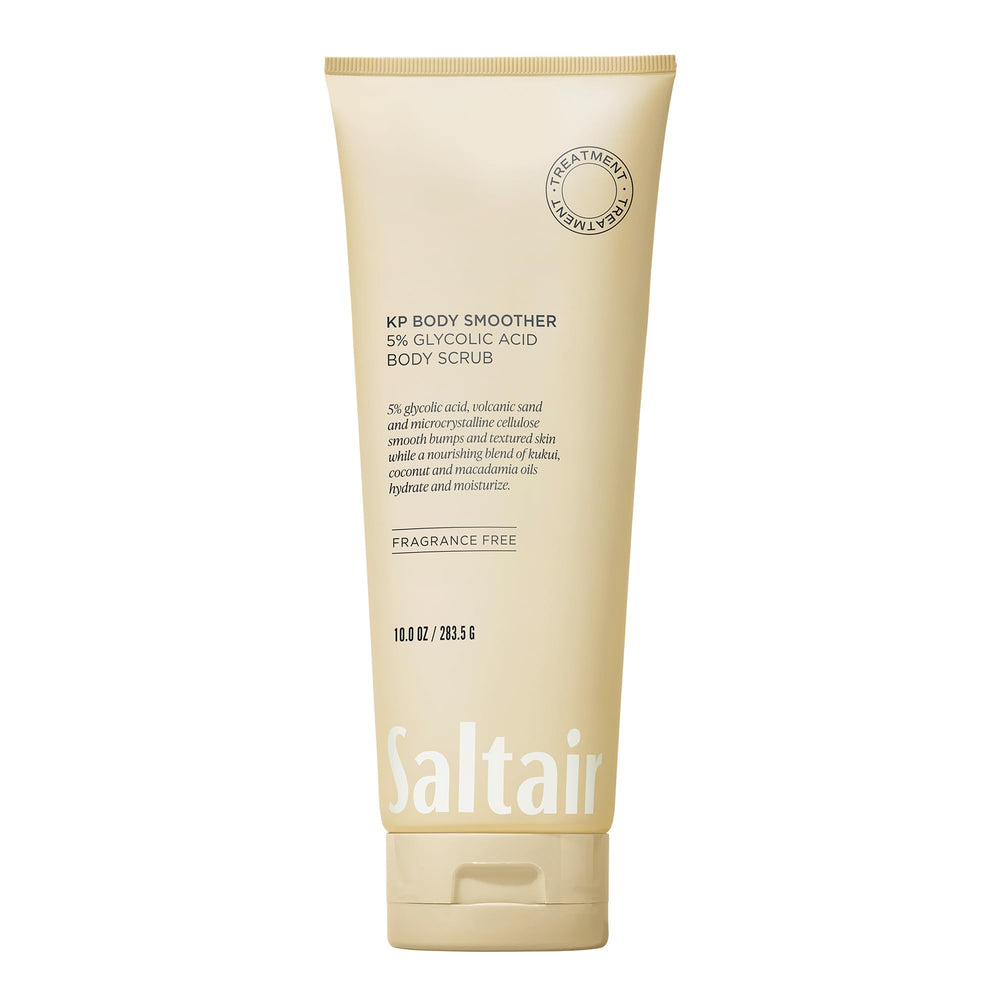 Saltair KP Body Scrub jar front shows fragrance-free formula for gentle smoothing.