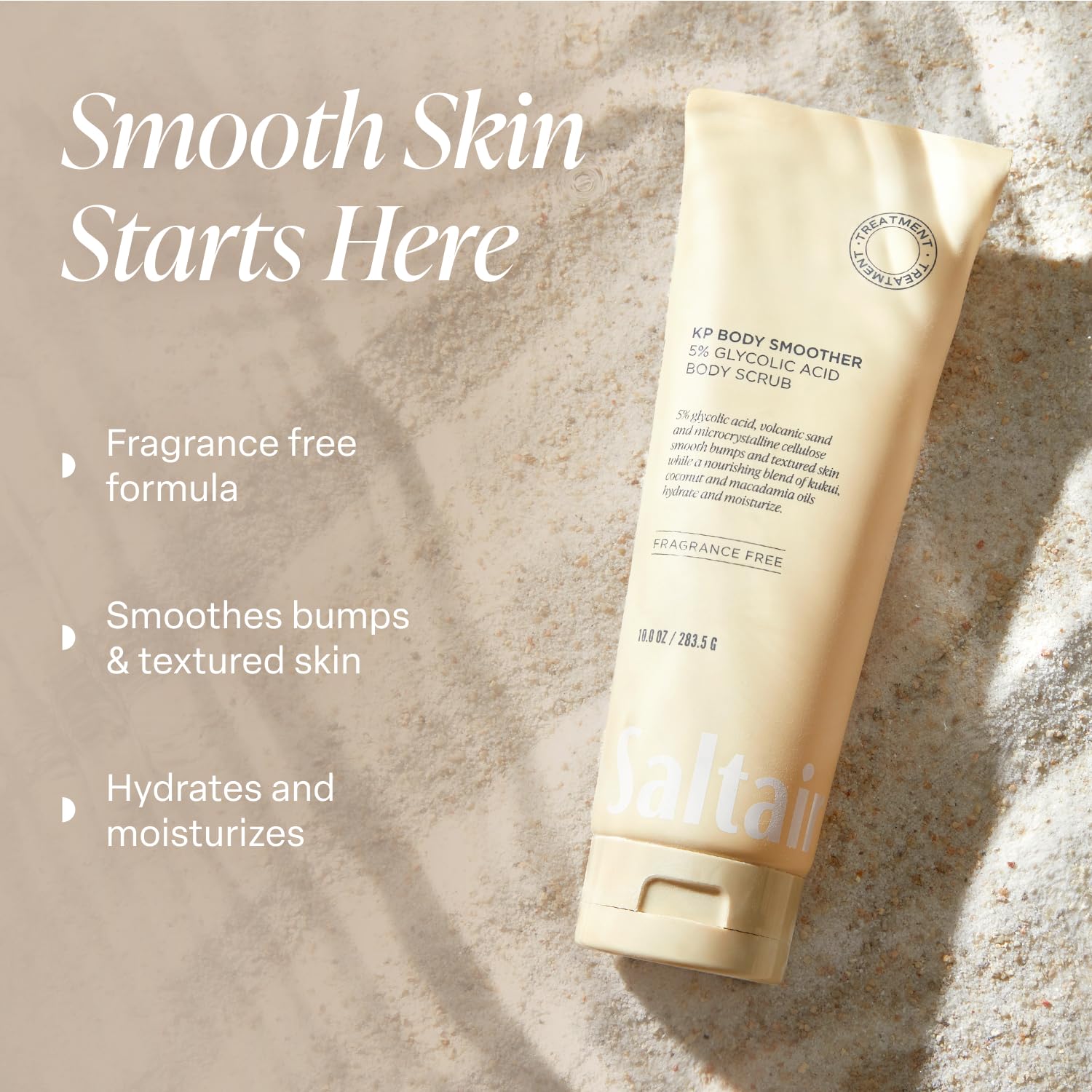 Saltair KP Body Scrub packaging flatlay underscores fragrance-free, cruelty-free formulation.