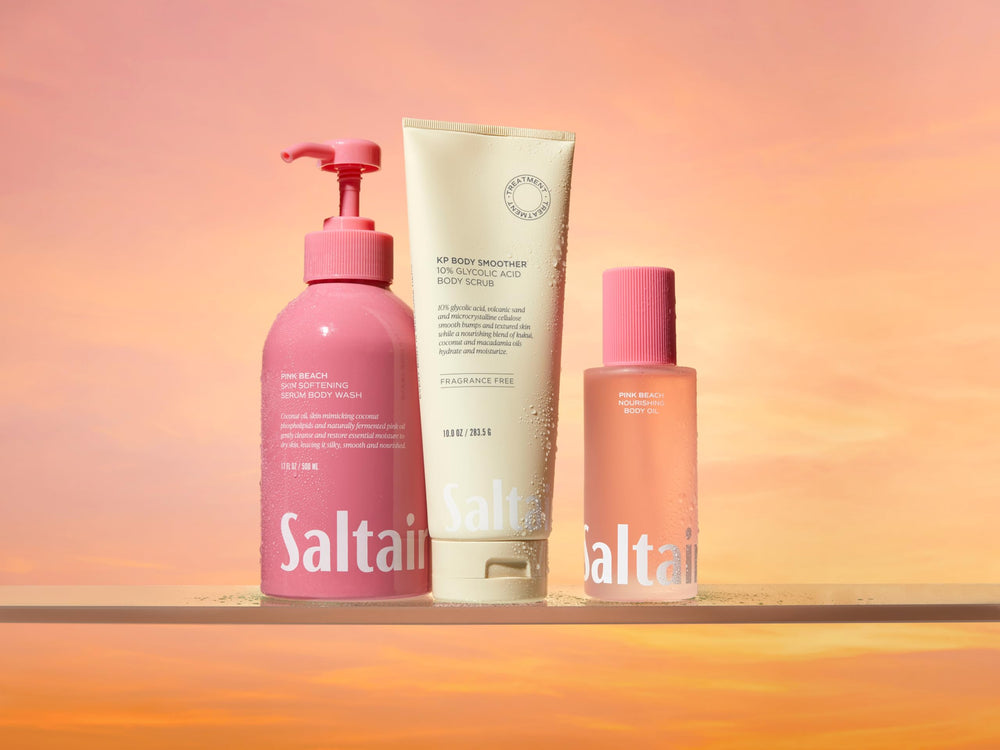 Saltair KP Body Scrub usage setup demonstrates 1-2x weekly exfoliation routine.