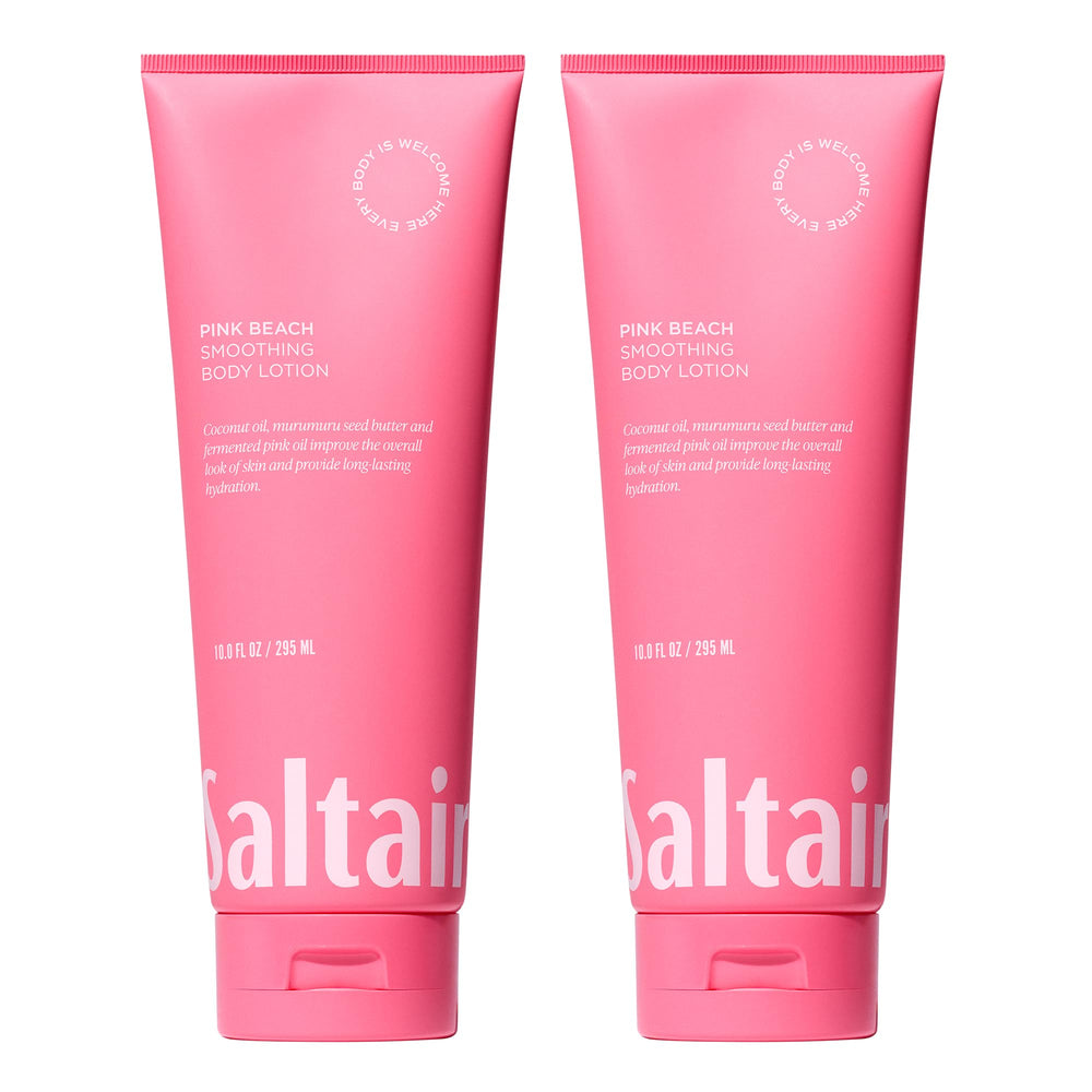 saltair pink beach body lotion tube being applied for long-lasting hydration.
