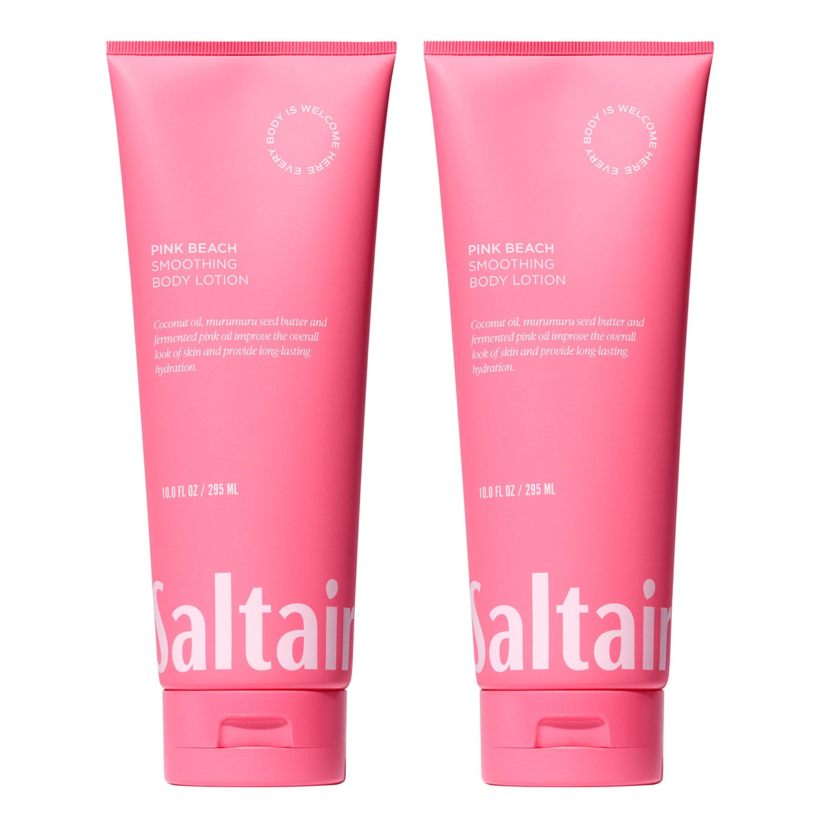 saltair pink beach body lotion tube being applied for long-lasting hydration.