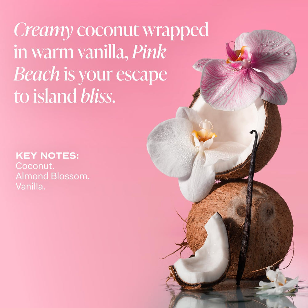 saltair pink beach lotion contains coconut and murumuru for nourishing moisture.