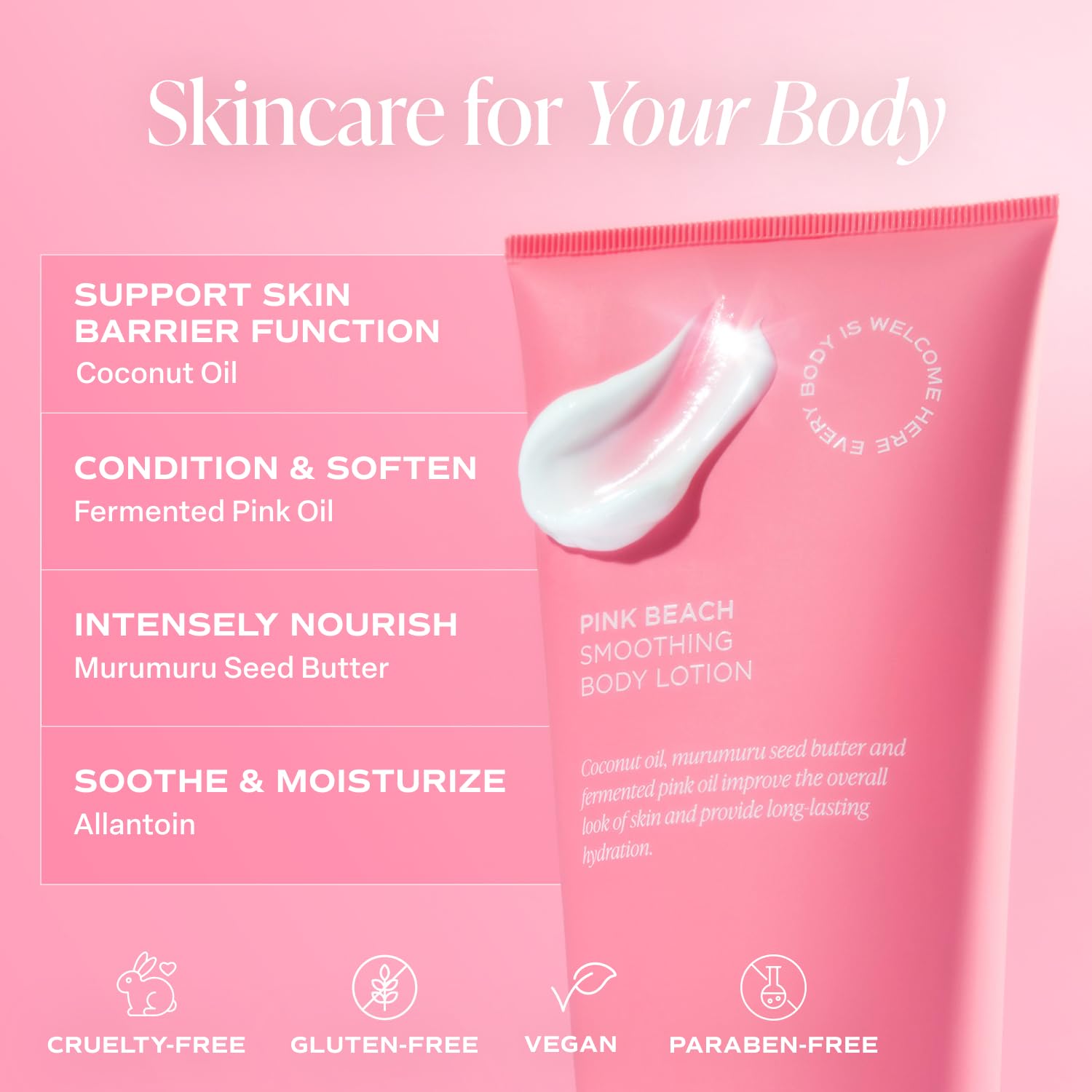 saltair pink beach lotion releases coconut-vanilla scent while moisturizing, evoking island warmth.