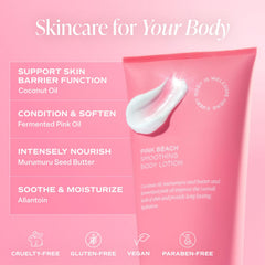 saltair pink beach lotion releases coconut-vanilla scent while moisturizing, evoking island warmth.
