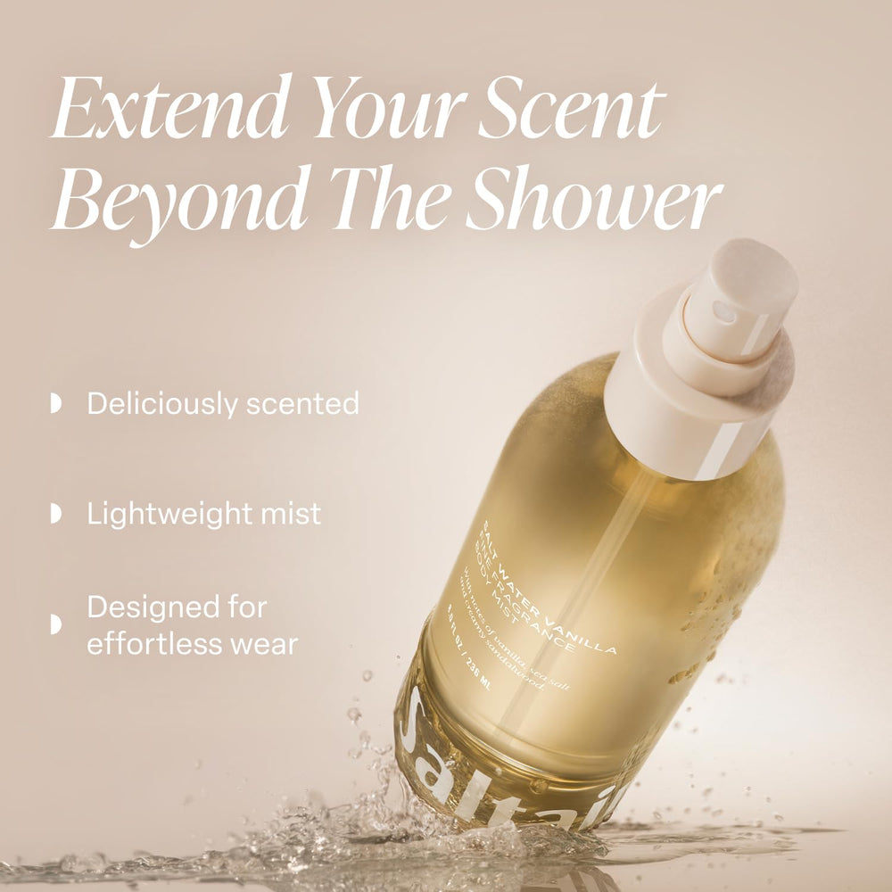 Saltair Salt Water Vanilla bottle close-up highlighting warm coastal notes.