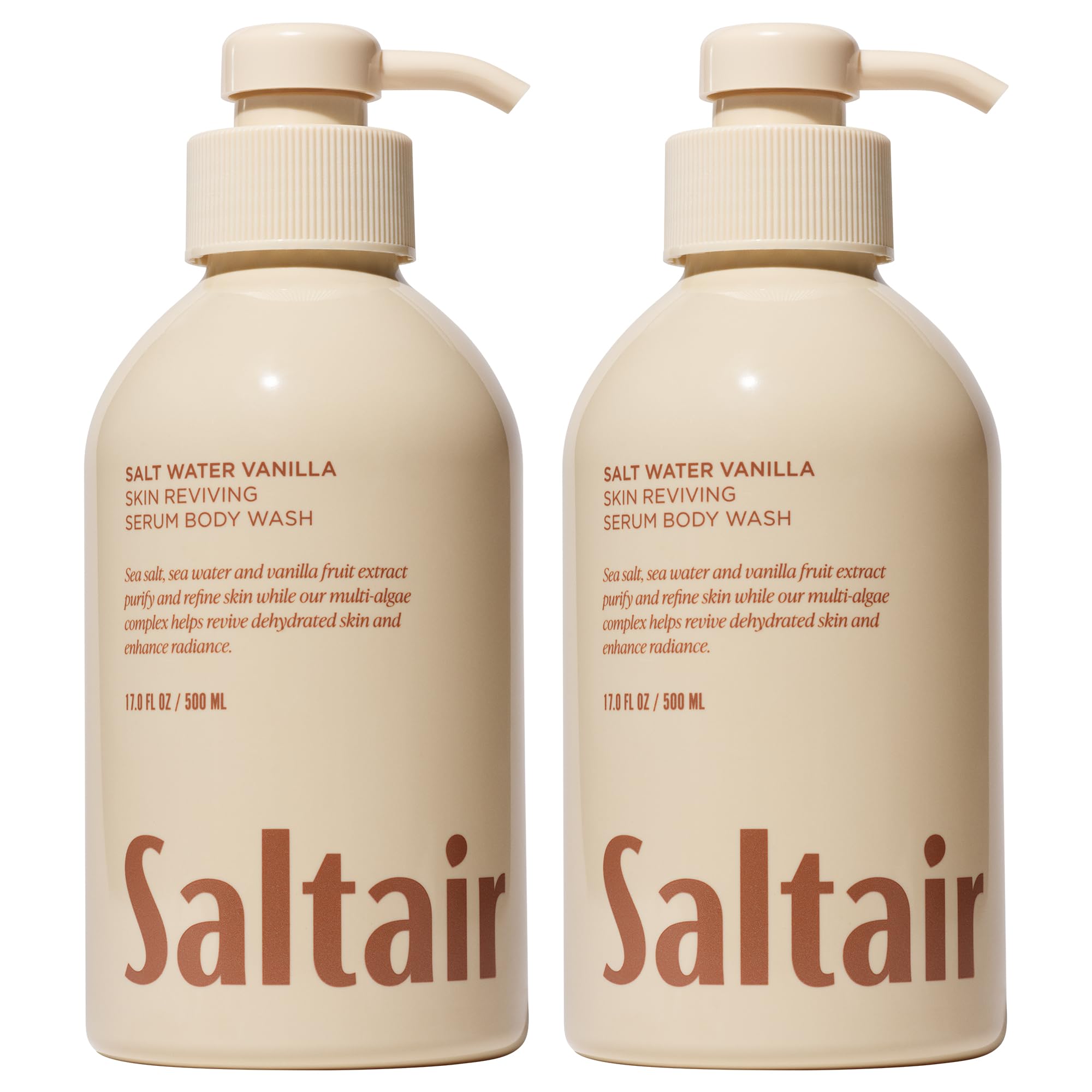 Saltair Salt Water Vanilla pump bottles for easy, hydrating daily cleanse.