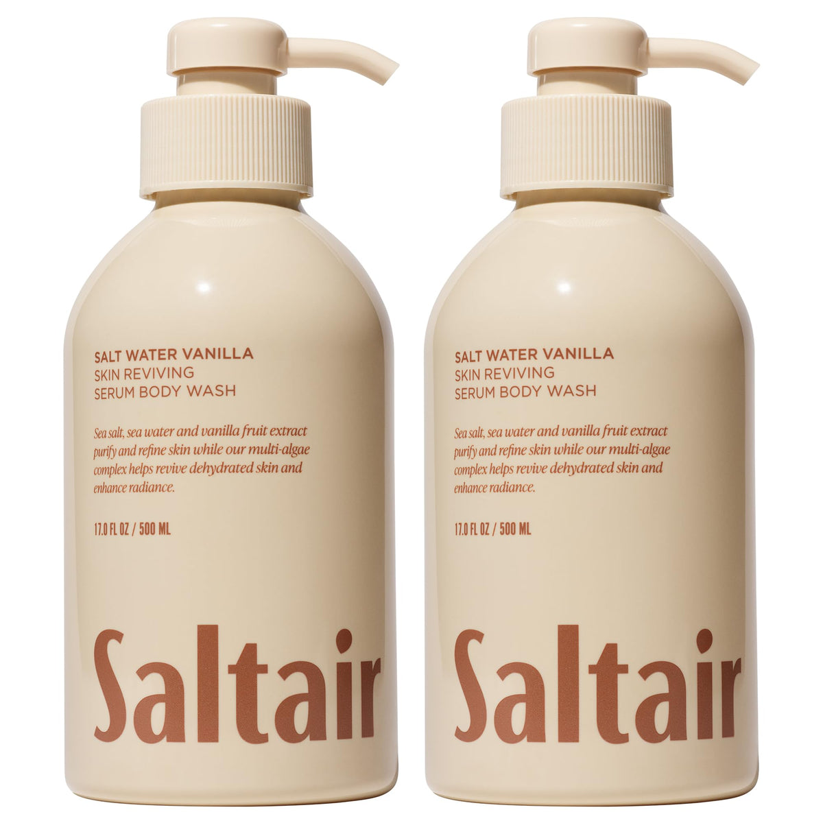 Saltair Salt Water Vanilla pump bottles for easy, hydrating daily cleanse.