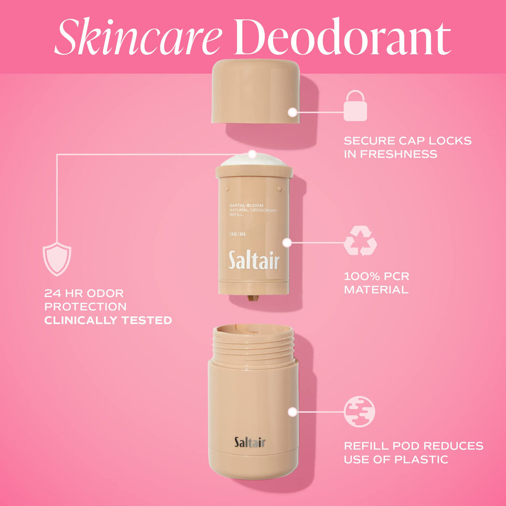 Hands applying Saltair Santal Bloom for daily freshness without powders.
