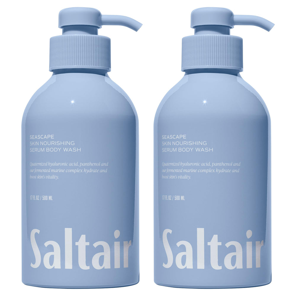Saltair Seascape body wash bottle pump closeup highlighting moisturizing formula.
