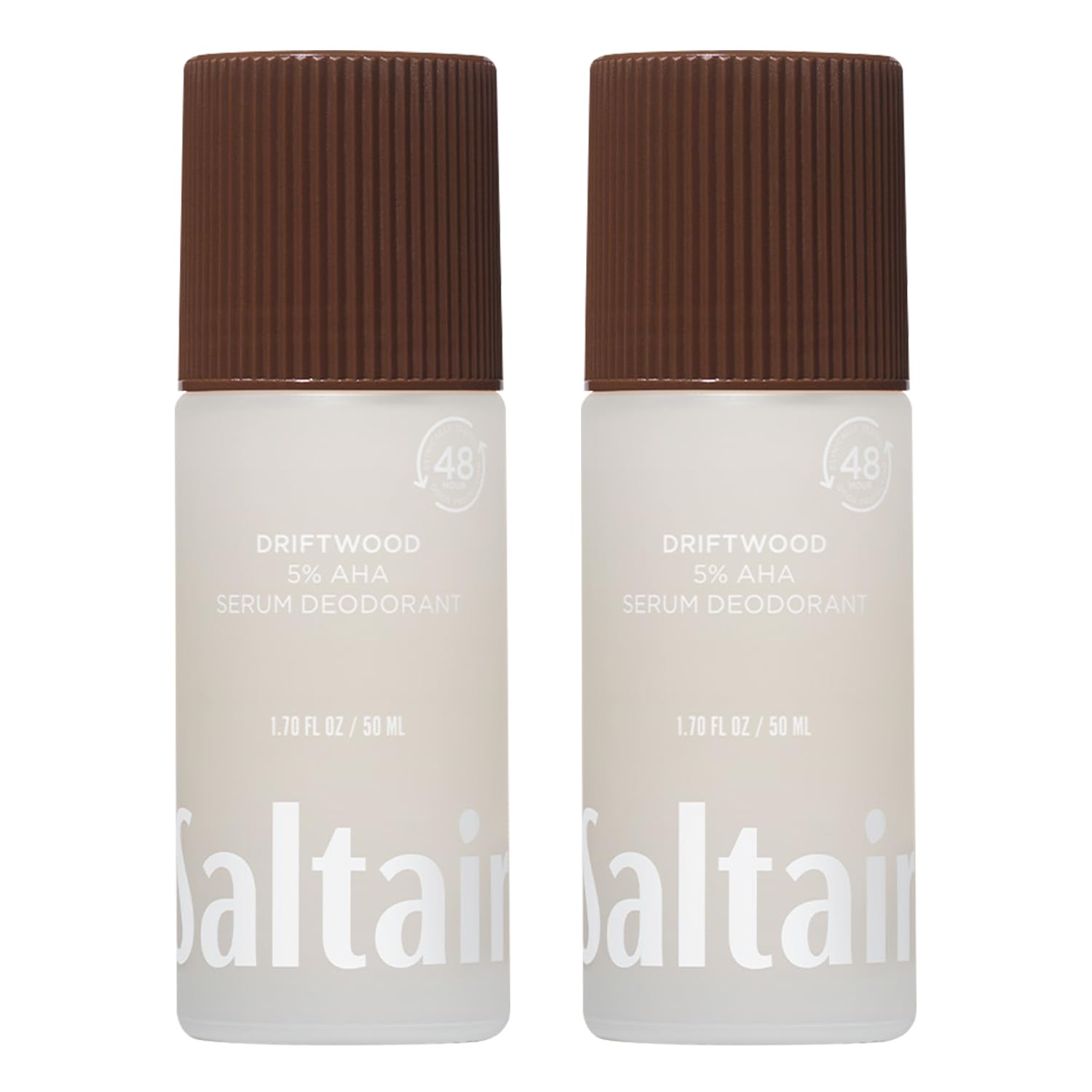 Saltair Serum Deodorant Driftwood Pack shows aluminum-free odor control with 5% AHA benefits.