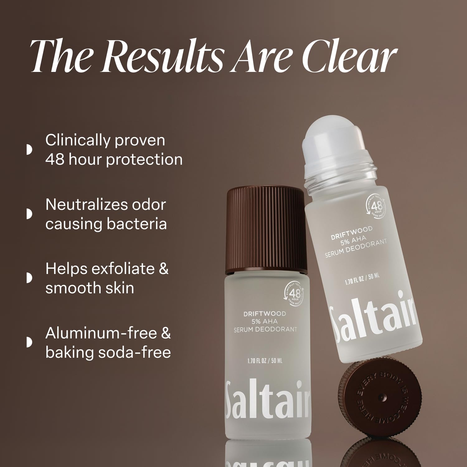Saltair Serum Deodorant Driftwood Roll-On in use for quick, mess-free odor control.
