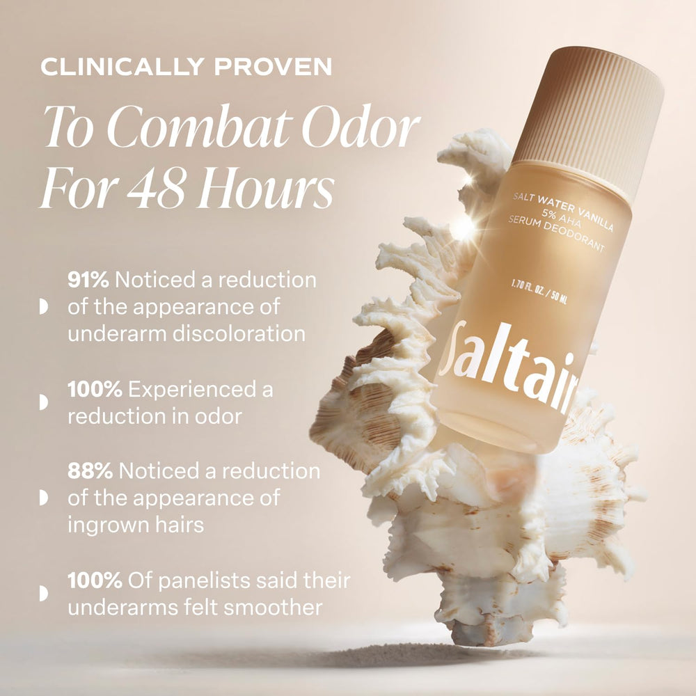 Roll-on application of Saltair Deodorant for quick underarm refresh.
