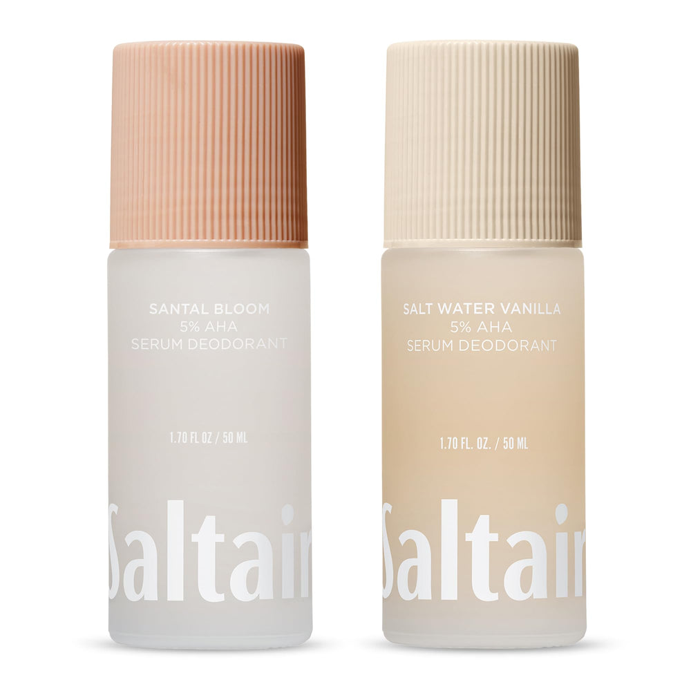 Saltair serum deodorant variety pack with Santal Coconut and Salt Water Vanilla for long-lasting odor control.