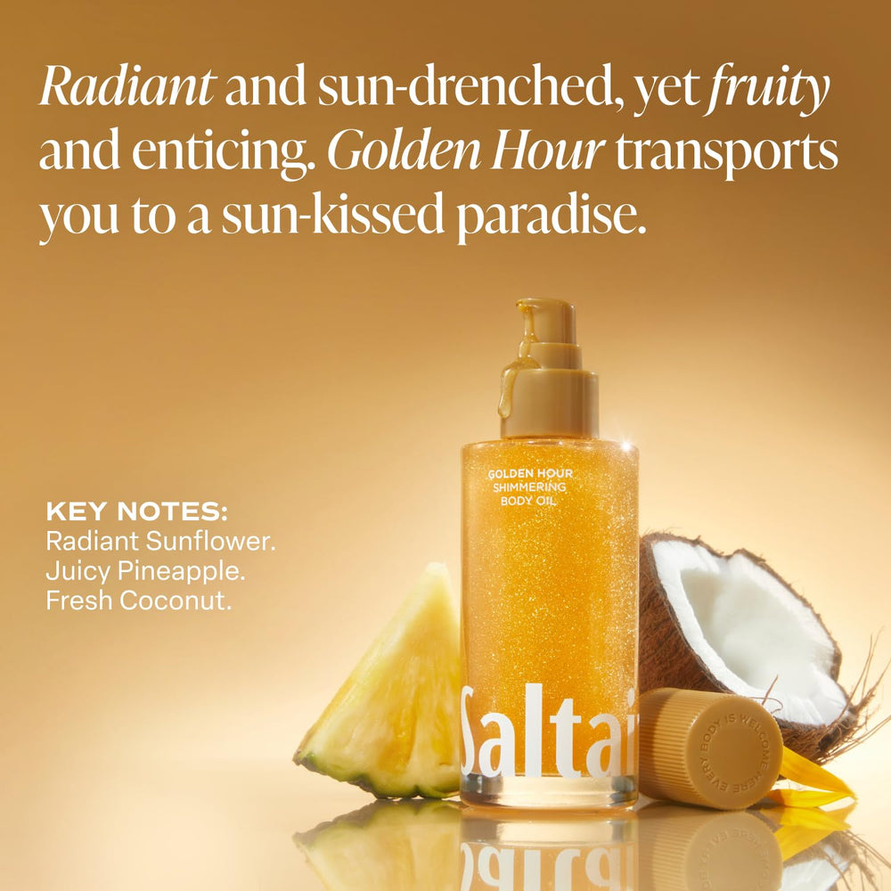Saltair Shimmering Body Oil fragrance notes evoke tropical Golden Hour for mood-boosting scent.