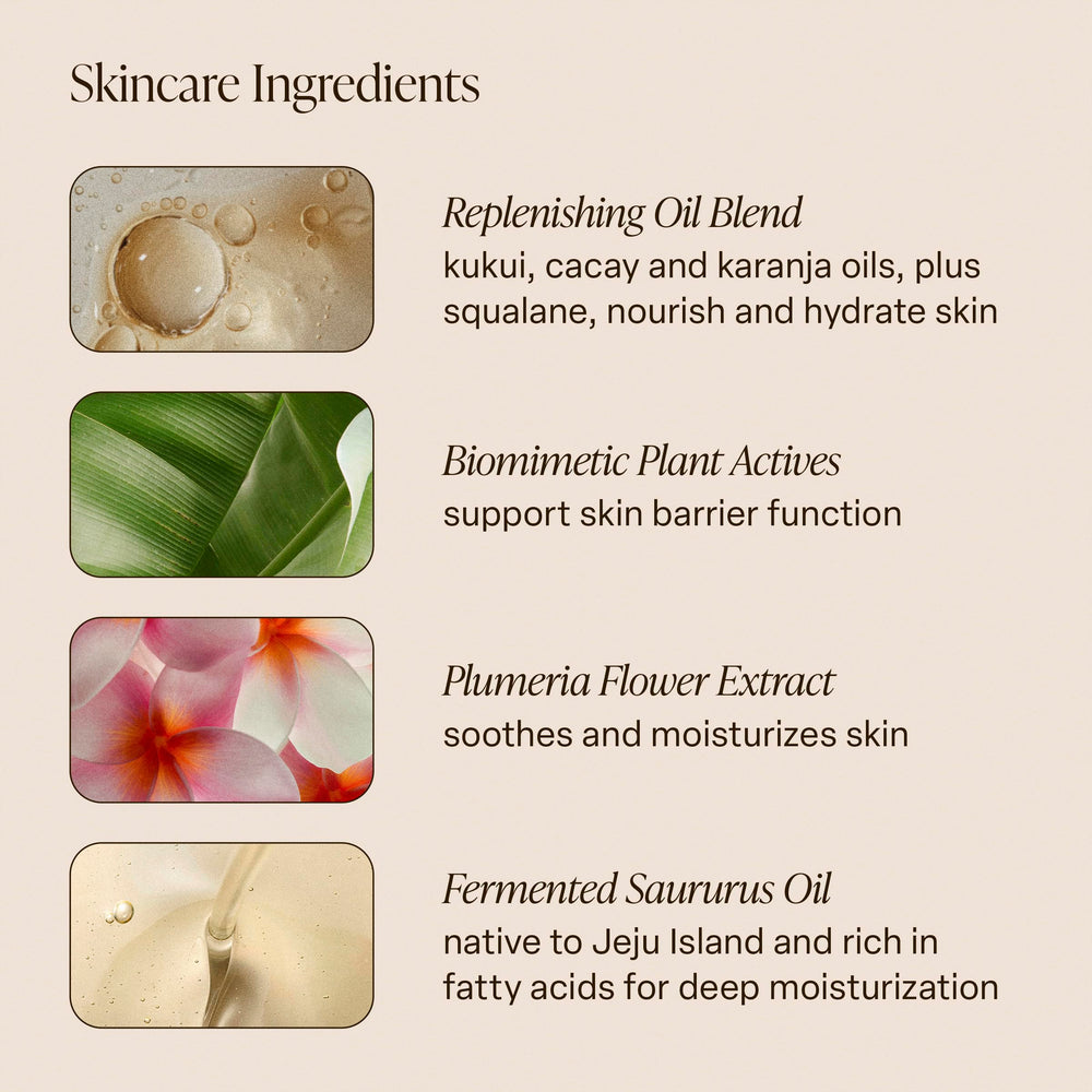 Saltair Shimmering Body Oil bottle highlights kukui oil for deep moisture.