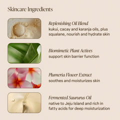 Saltair Shimmering Body Oil bottle highlights kukui oil for deep moisture.