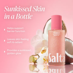 Saltair Shimmering Body Oil close-up reveals pearl pigments for sun-kissed glow.