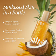 Saltair Shimmering Body Oil pump-dispense demonstrates easy application for quick moisturization.