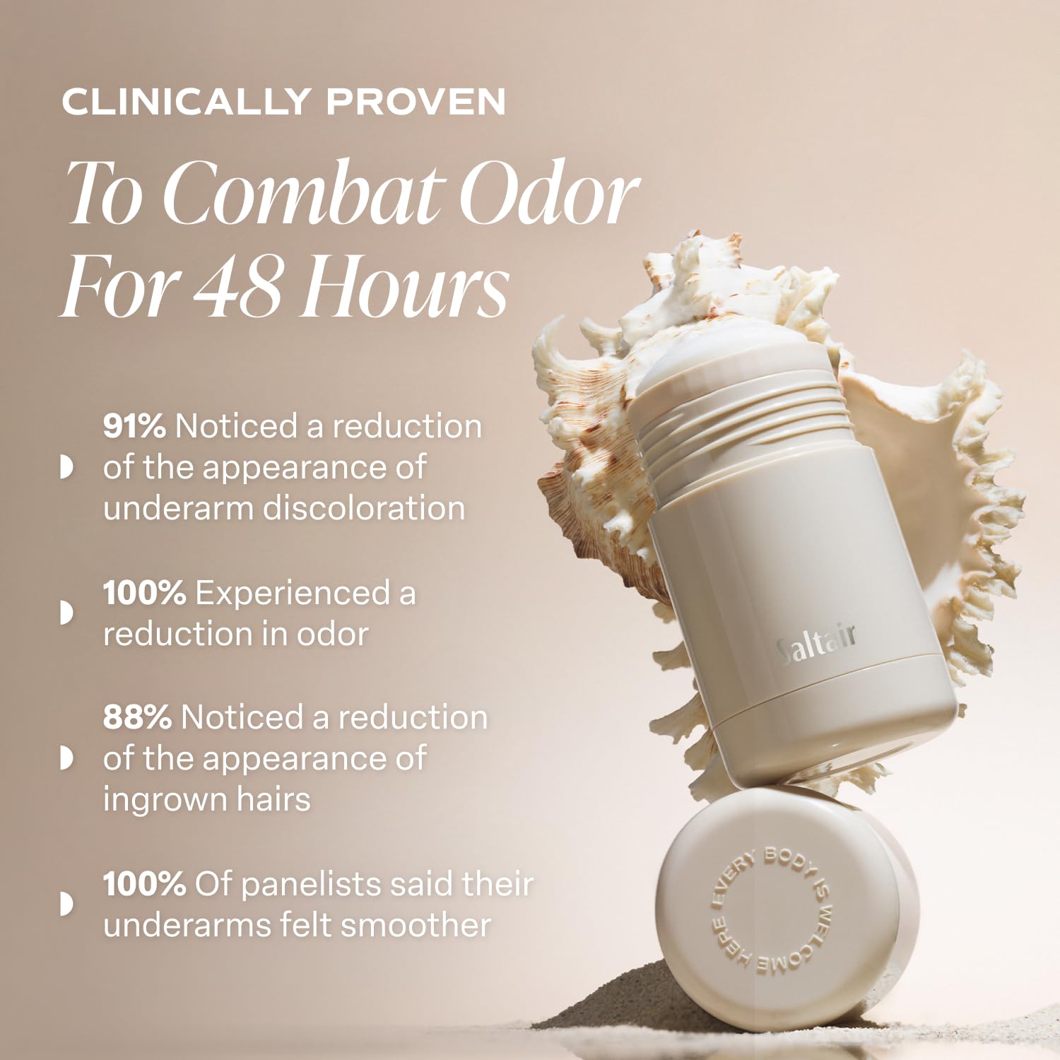 Saltair Deodorant close-up highlights BHA and zinc for odor control.