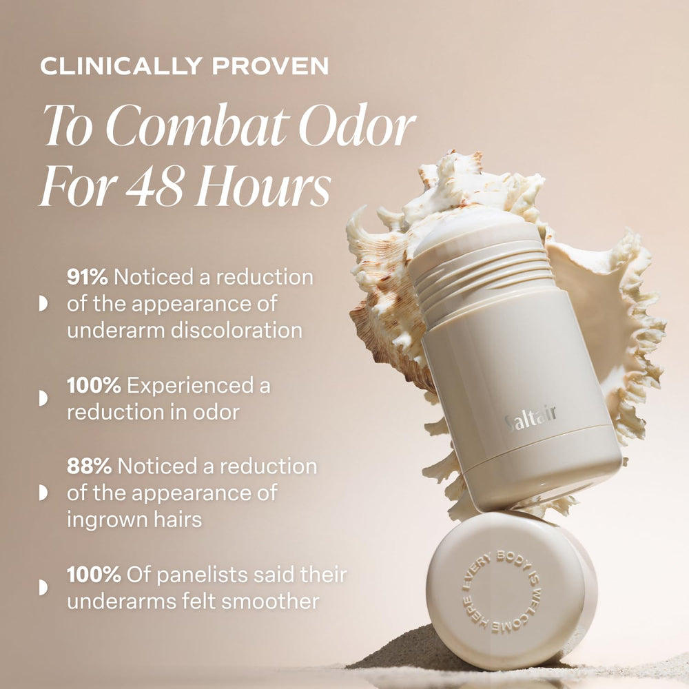 Saltair Deodorant close-up highlights BHA and zinc for odor control.