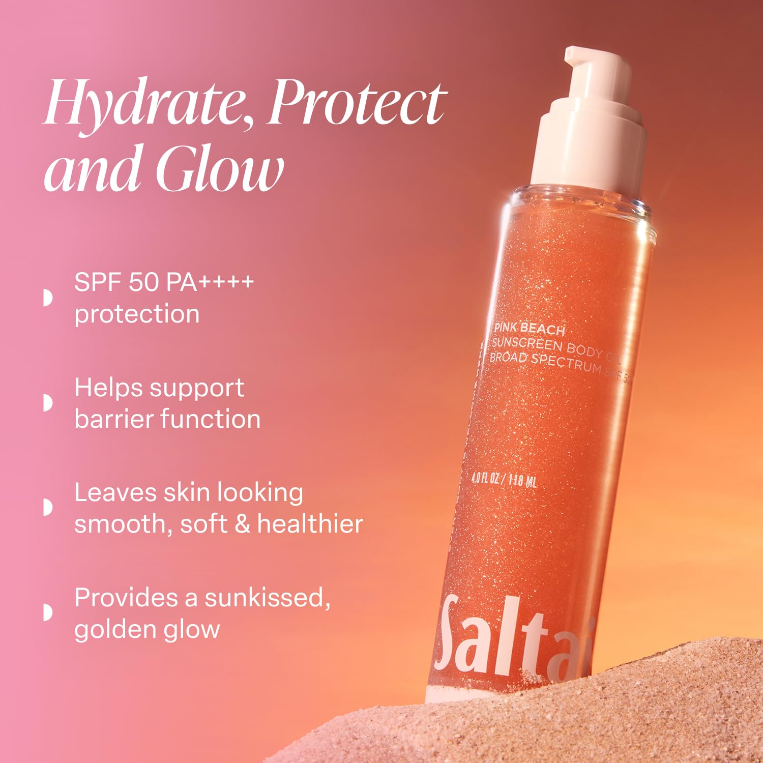Saltair SPF Body Oil close-up dispenser highlighting quick absorption.