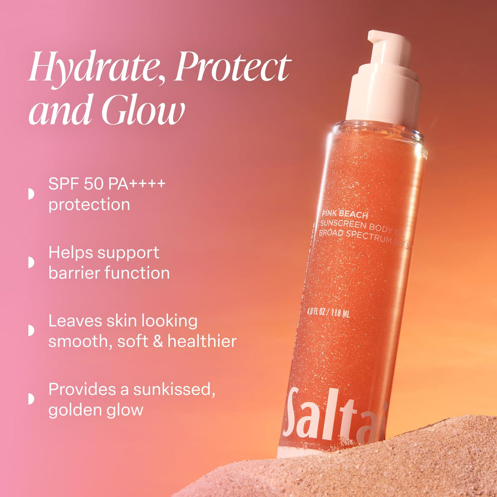 Saltair SPF Body Oil close-up dispenser highlighting quick absorption.