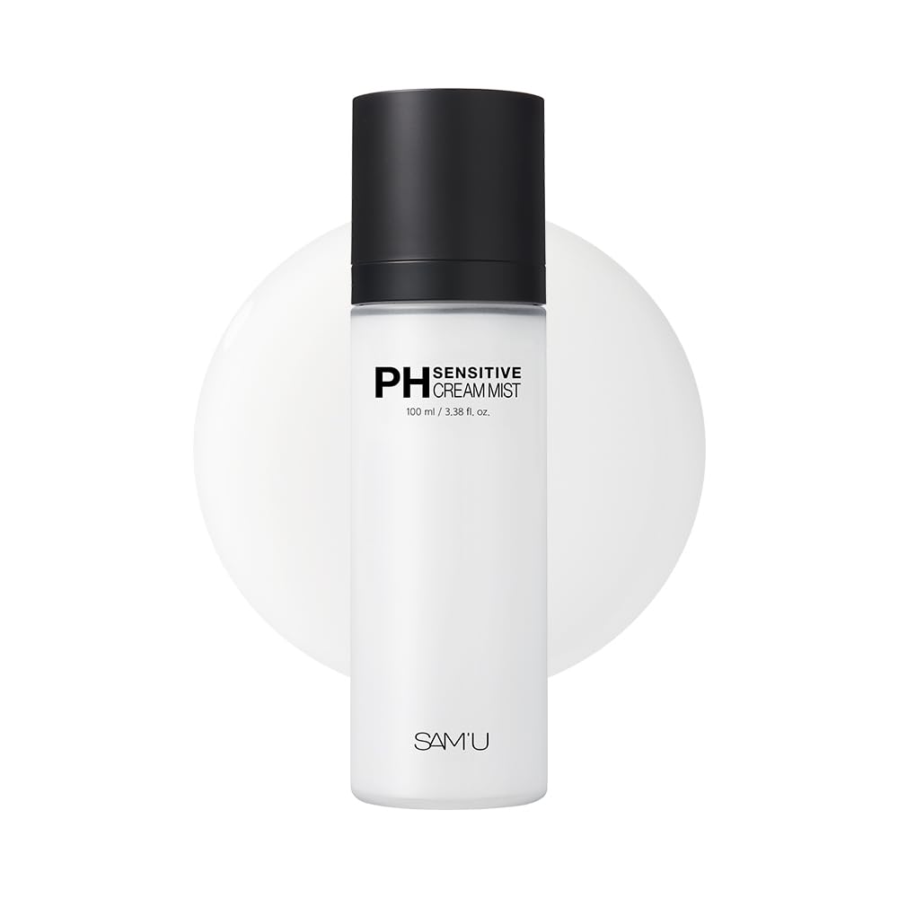 SAM'U PH-Sensitive Cream Mist bottle provides lightweight hydration for dry, sensitive skin.
