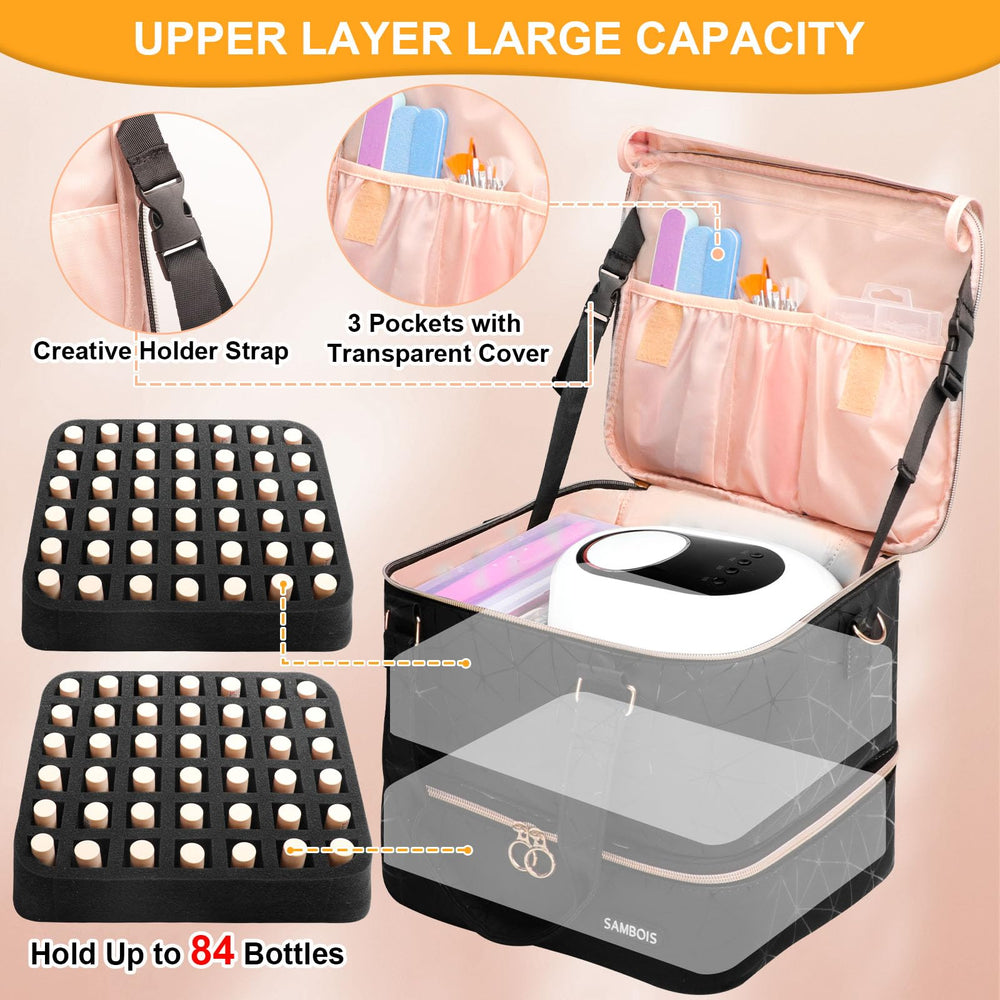 Sambois nail polish organizer bottom pocket with mesh keeps bottles secure and visible.