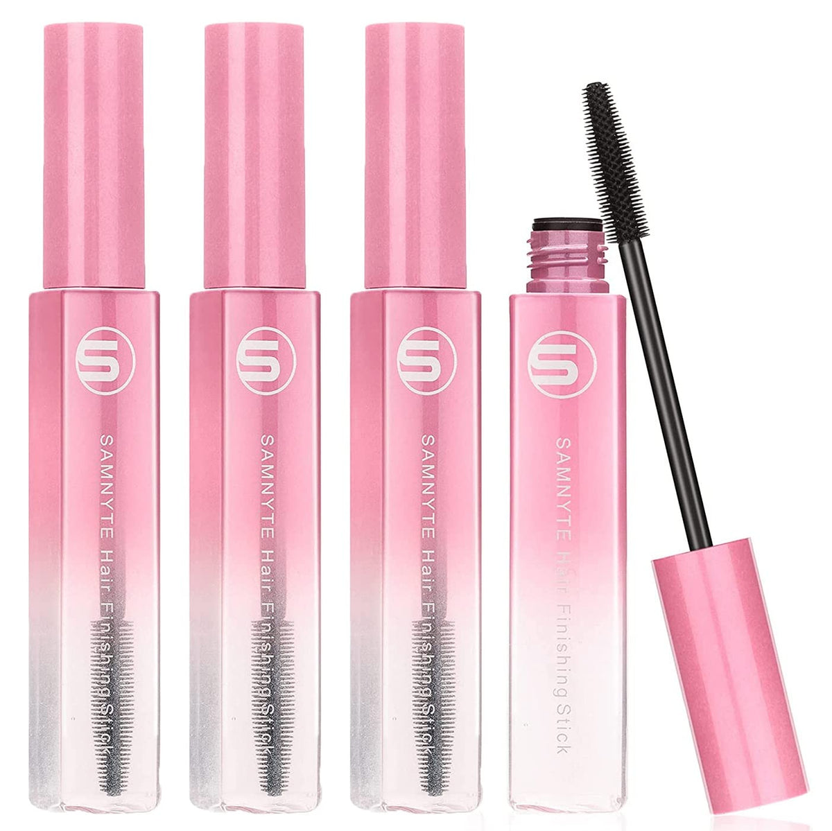 Samnyte Flyaways Hair Stick 4 Pack bottle with pink gradient for on-the-go gloss.