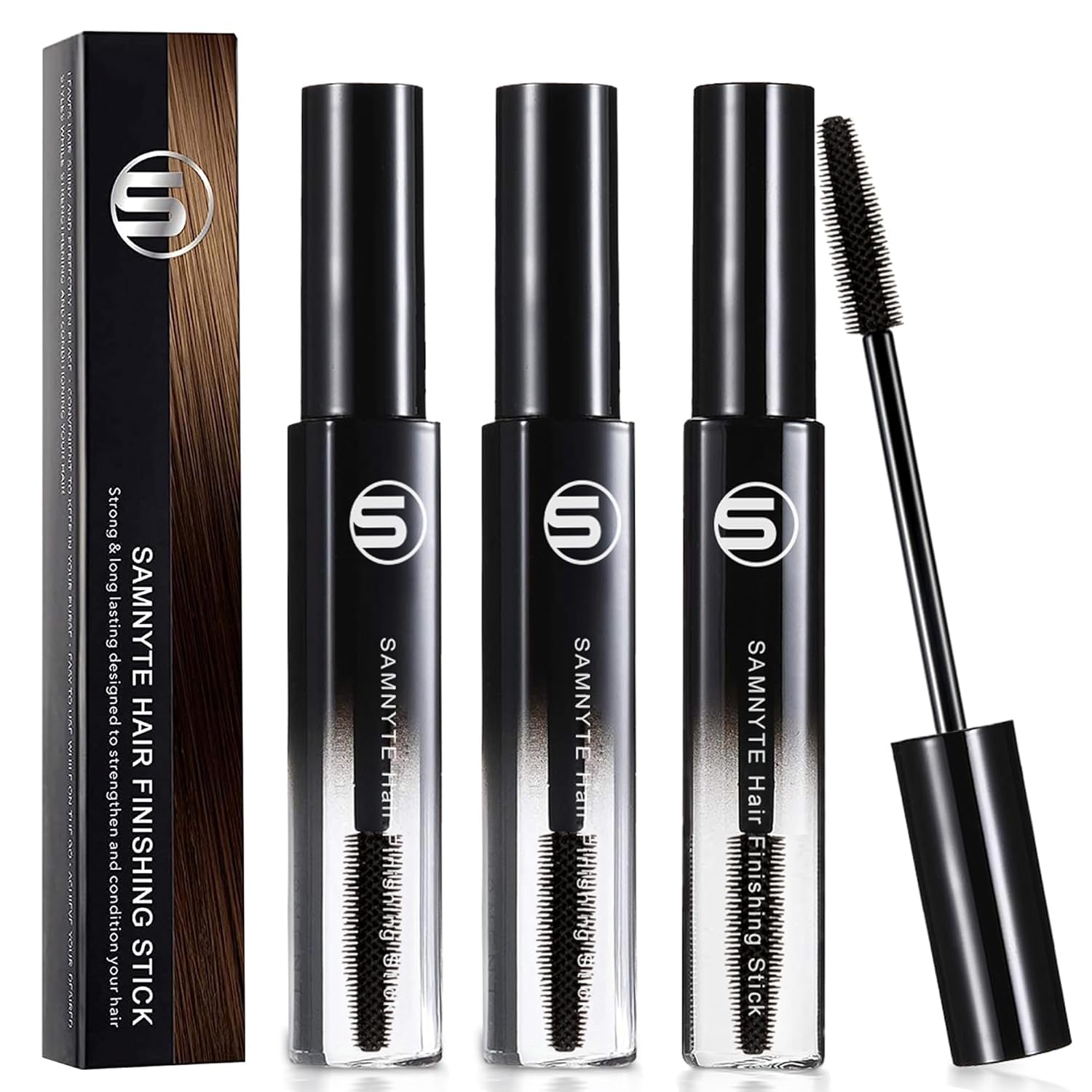 Samnyte hair finishing stick 3-pack bottle for on-the-go styling and long-lasting hold.