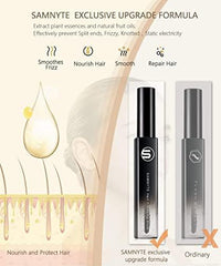 Samnyte hair finishing stick translucent bottle highlights oil-free, colorless finish.