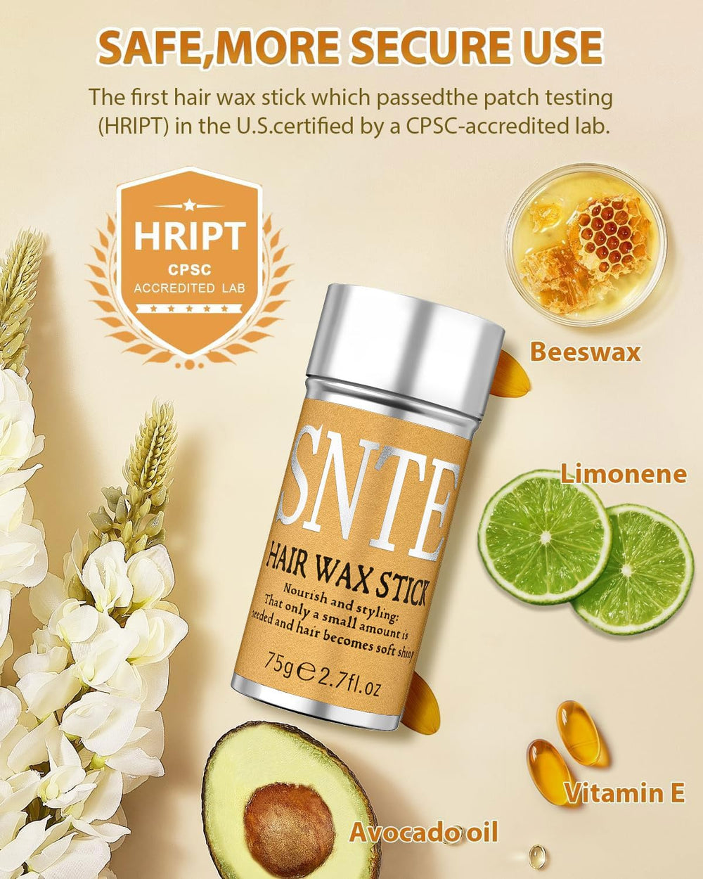 Samnyte wax stick shows frizz smoothing and subtle shine on hair.