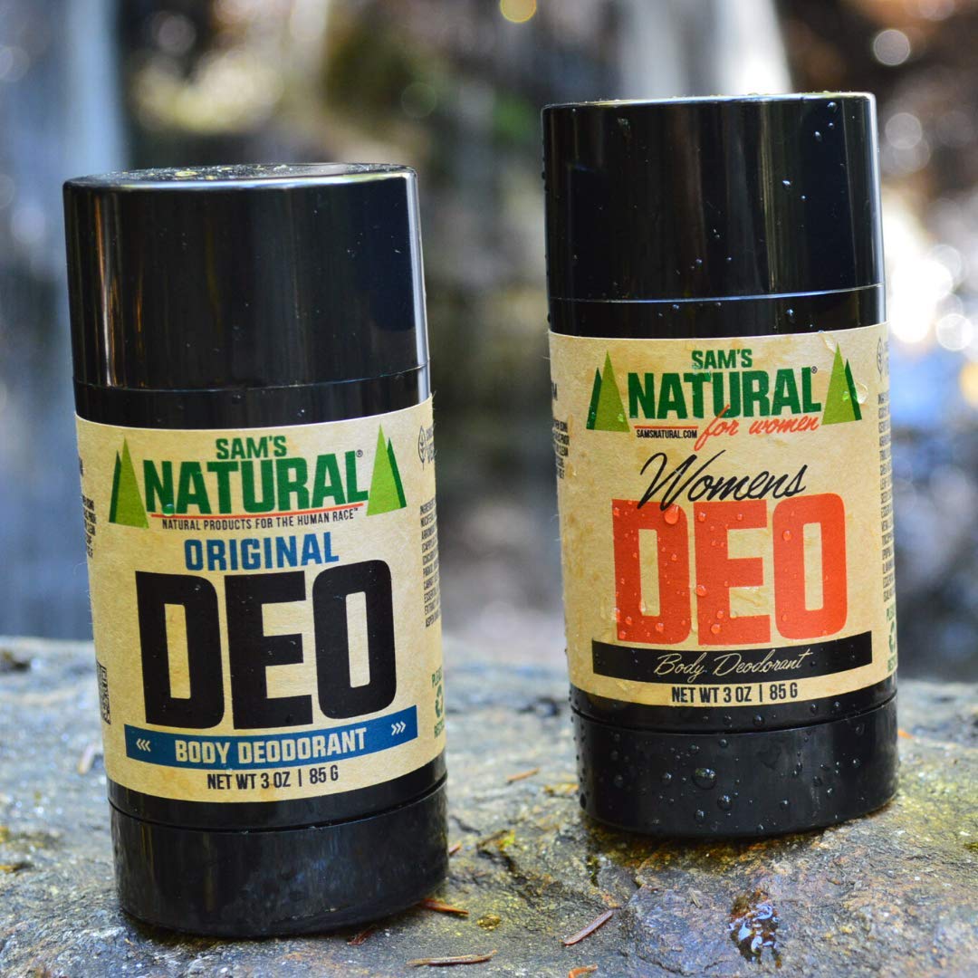 Sam's Natural Original tube close-up highlights chemical-free formula and vegan credentials.