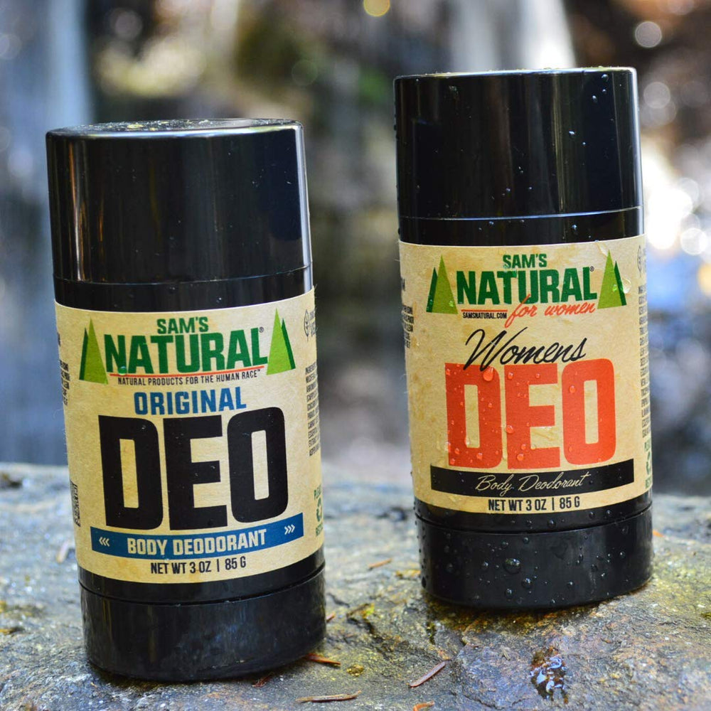 Sam's Natural Original tube close-up highlights chemical-free formula and vegan credentials.