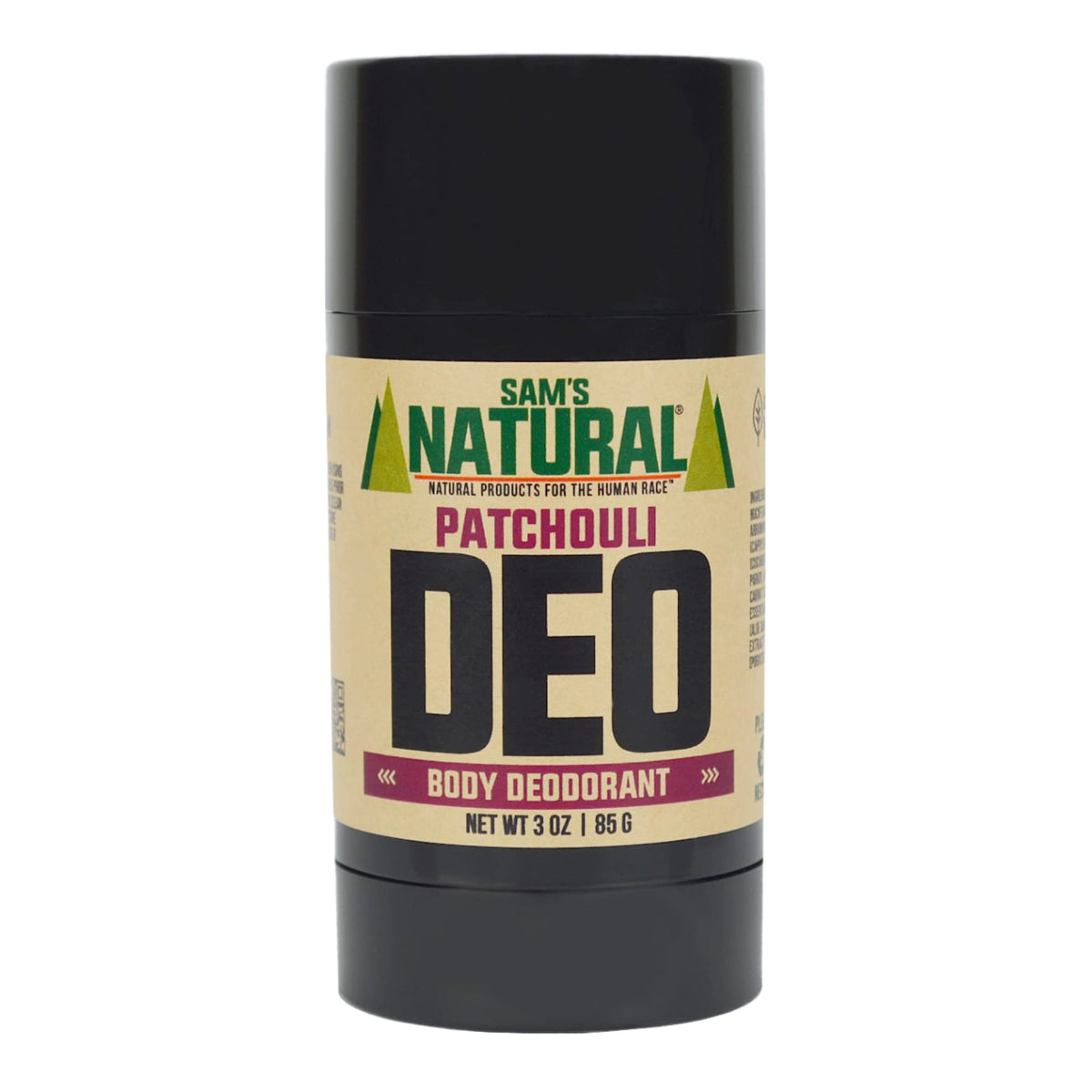 Sam's Natural Patchouli deodorant 3oz bottle provides aluminum-free, all-day freshness.