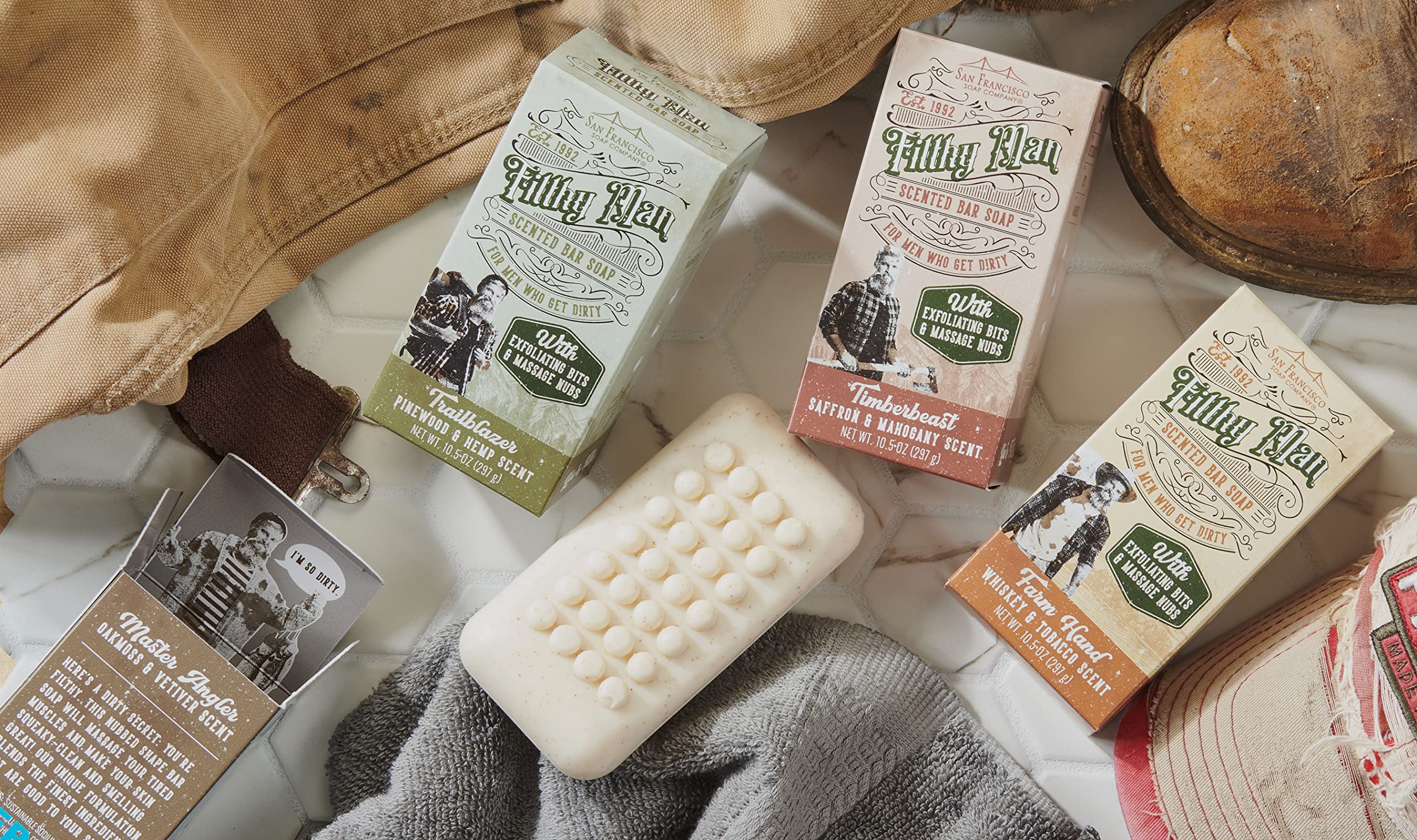 San Francisco Soap Company Filthy Man bar releases Timberbeast saffron and mahogany scent in a rich lather.