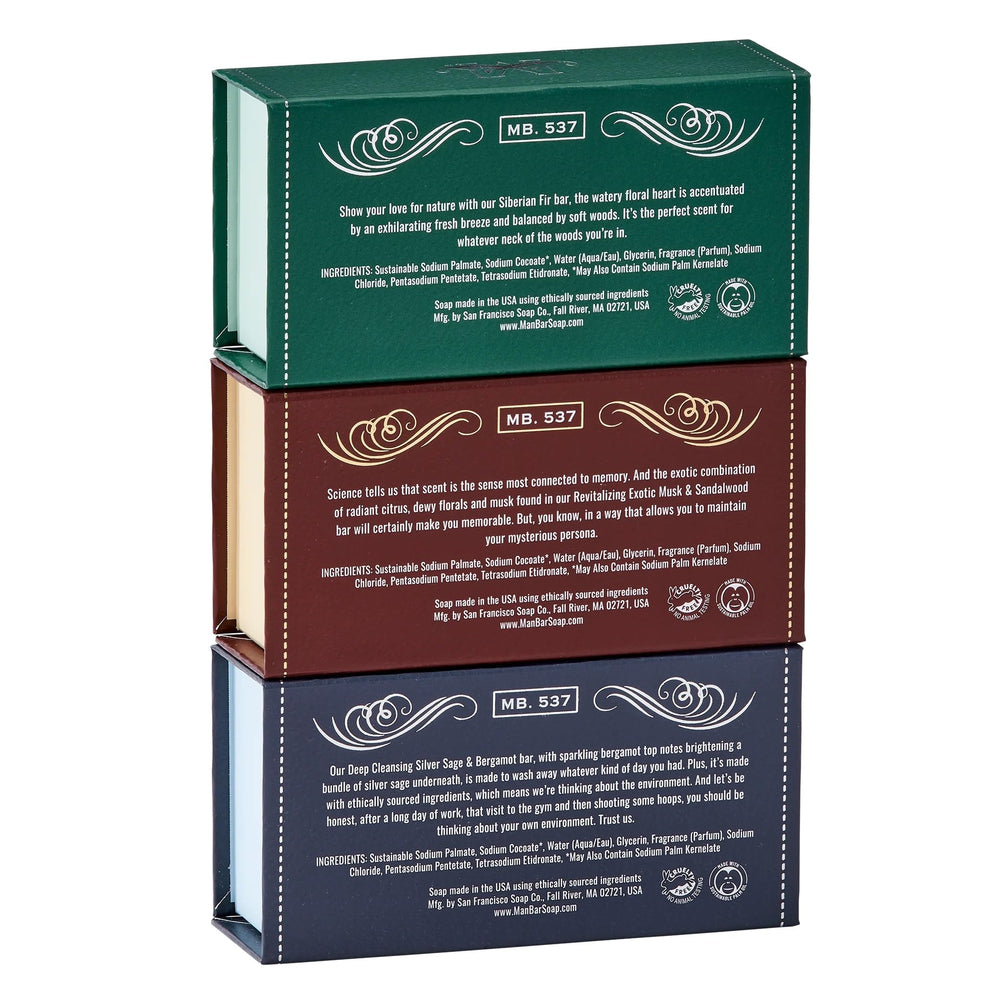 San Francisco Soap Company Gift packaging emphasizes rugged, premium look.