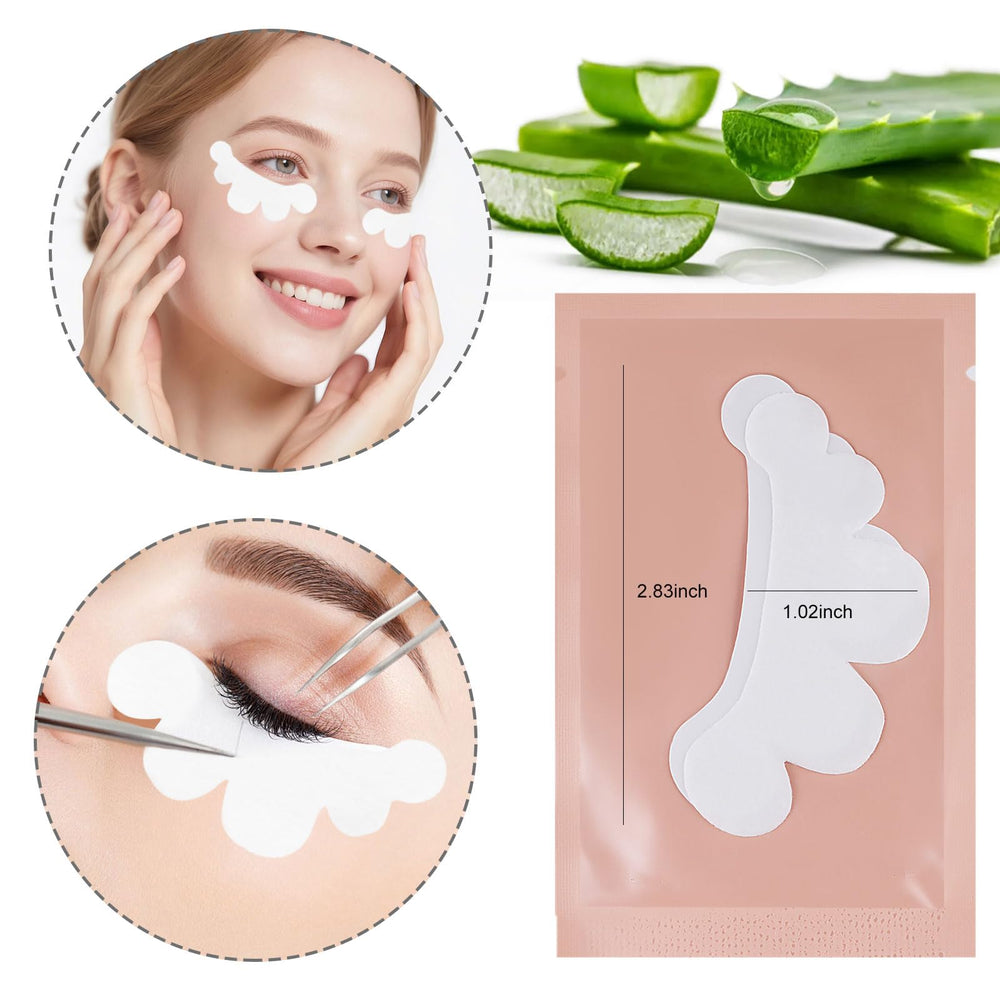 Flower-design SANARITA under-eye pads application closeup shows contouring for comfortable lash extensions.
