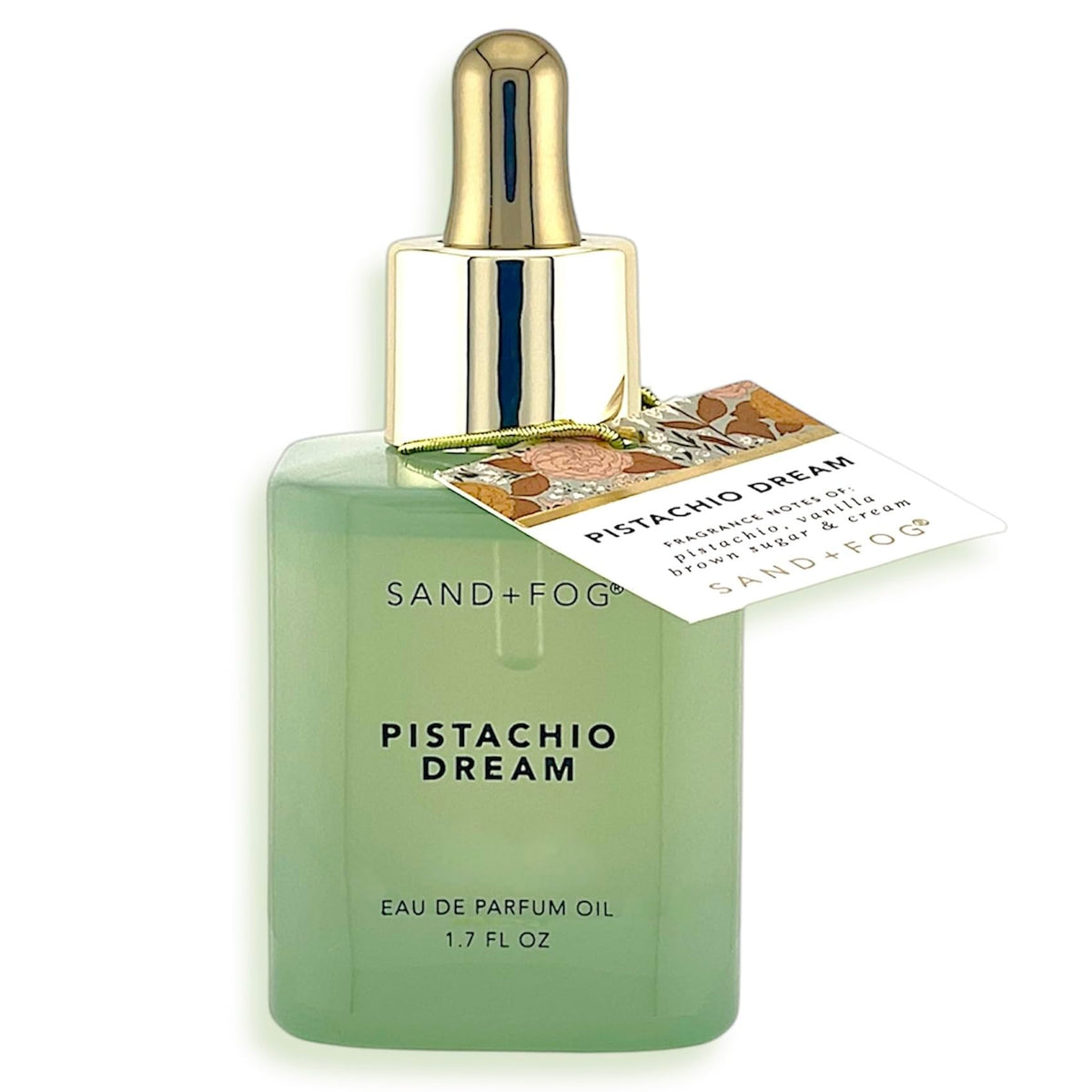 Sand + Fog Pistachio Dream bottle with frosted glass for premium travel ready fragrance presentation