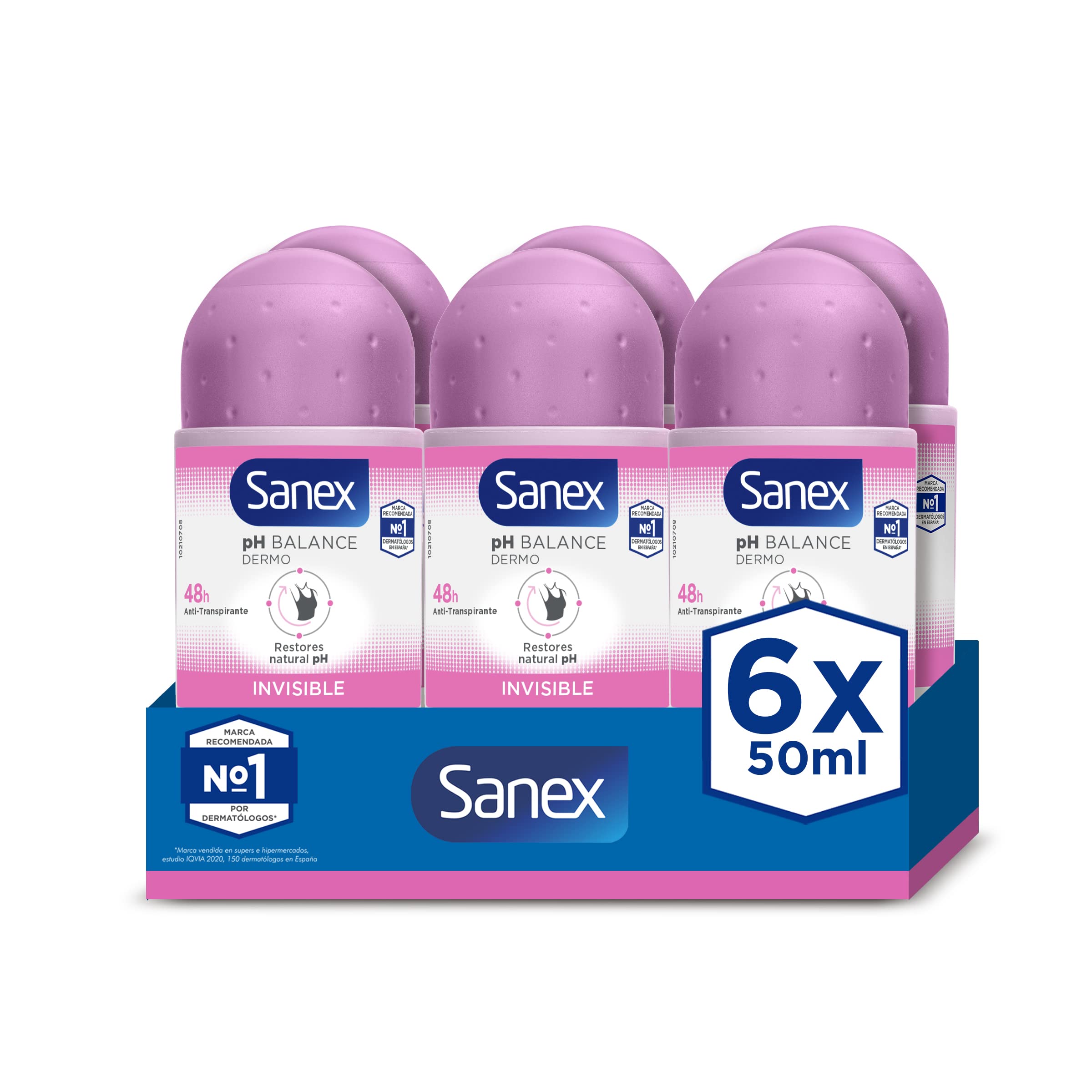 Sanex Deodorant Roll-On Dermo Invisible bottle demonstrates invisible protection against white marks.