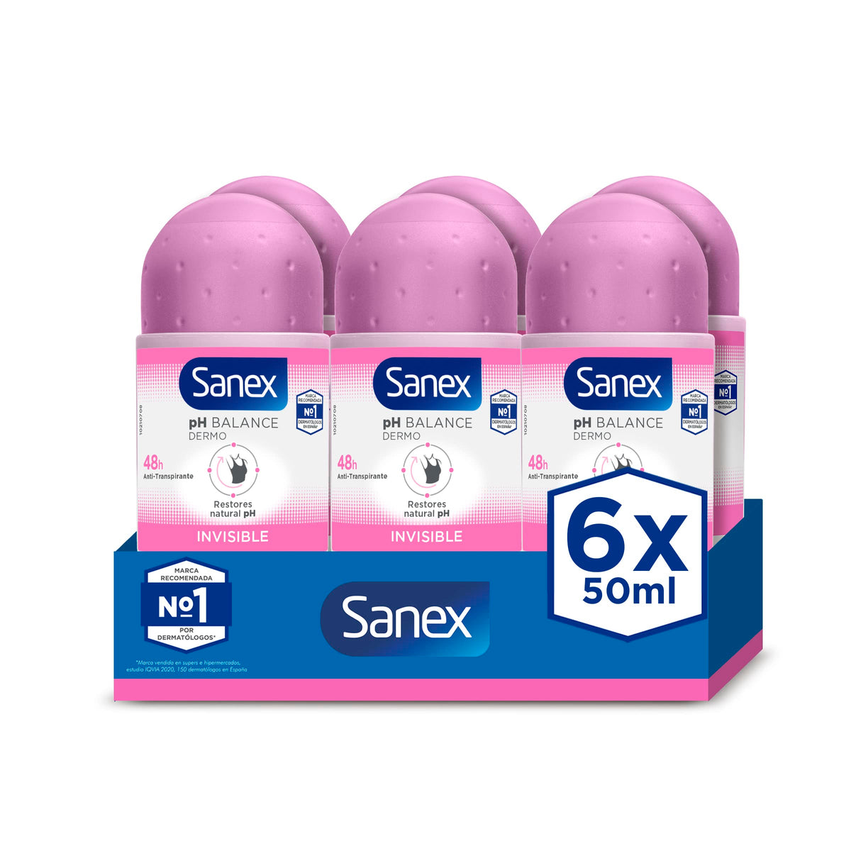 Sanex Deodorant Roll-On Dermo Invisible bottle demonstrates invisible protection against white marks.