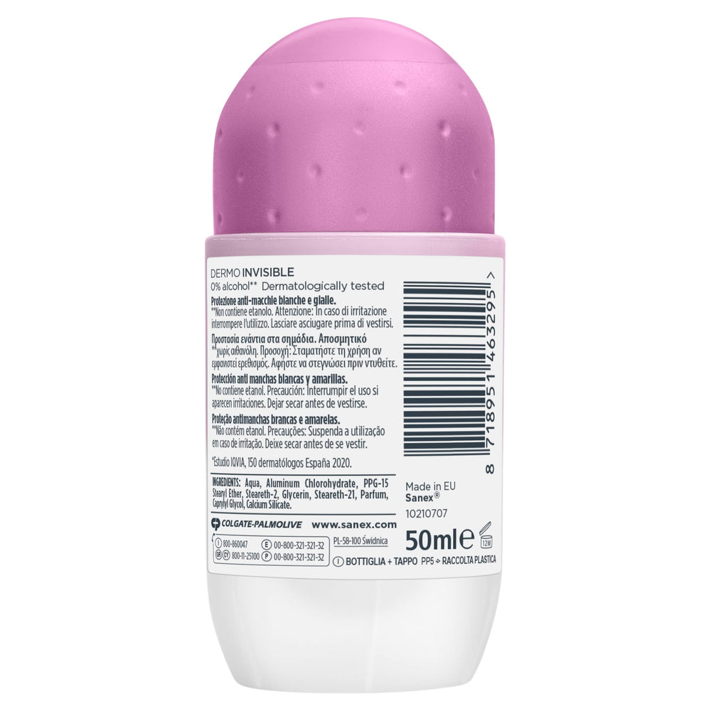 Sanex Deodorant Roll-On Dermo Invisible refreshing scent for daily wear.