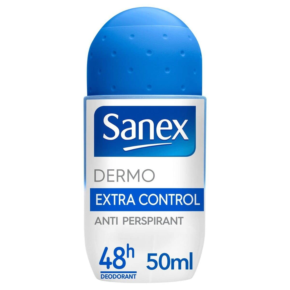Sanex Dermo Extra Control close-up demonstrates dermatological testing and skin pH balance benefits.