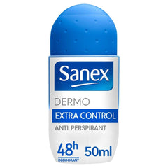 Sanex Dermo Extra Control close-up demonstrates dermatological testing and skin pH balance benefits.