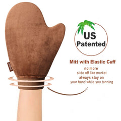 Sanfery back applicator with elastic cuff demonstrates secure back tanning capability