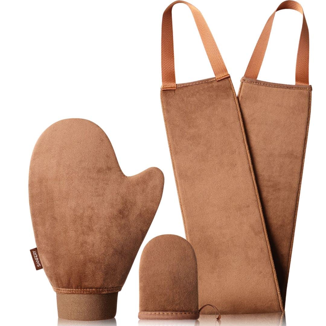 Sanfery 3-pack self-tanning mitt set front view shows velvet texture for smooth, even coverage