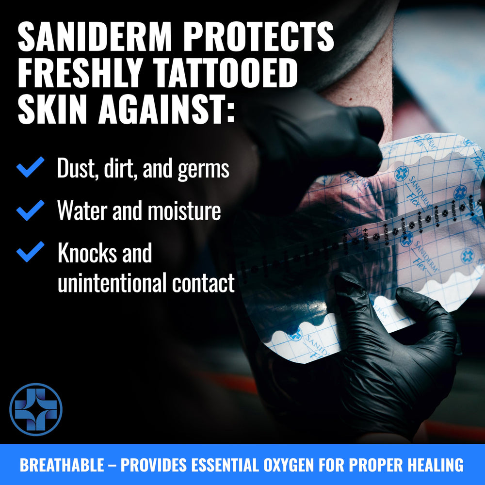 Saniderm Flex latex-free badge emphasizes safe adhesion for clients with latex sensitivity.