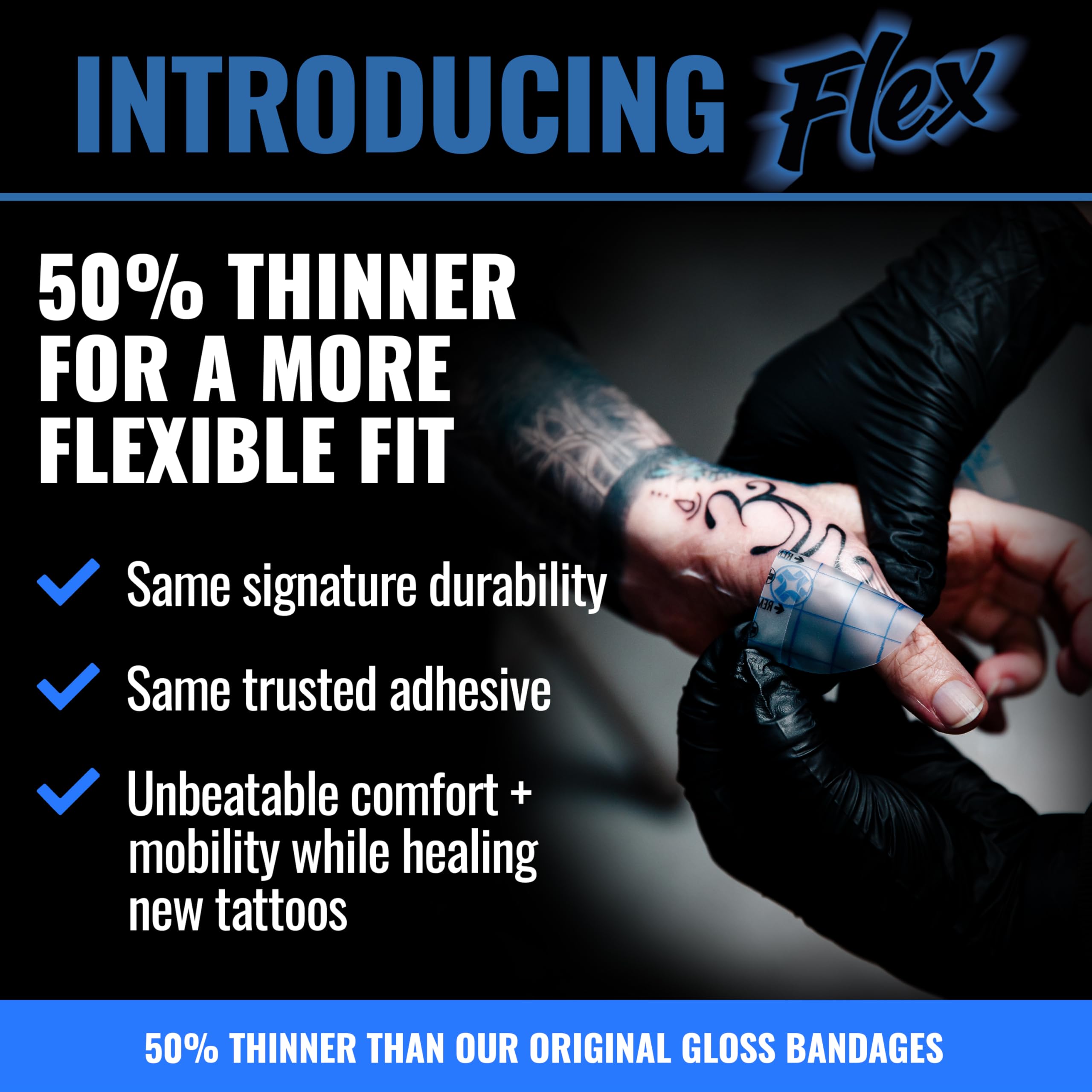 Saniderm Flex matte finish on-tattoo image highlights glare-free visibility during healing.