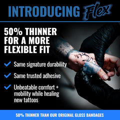 Saniderm Flex matte finish on-tattoo image highlights glare-free visibility during healing.